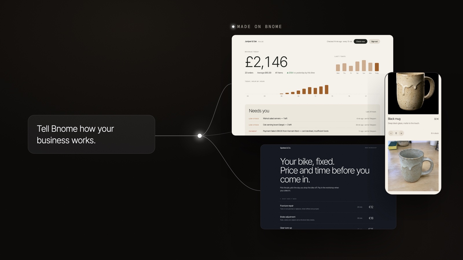 The sentence Tell Bnome how your business works joined to three demo businesses made on Bnome