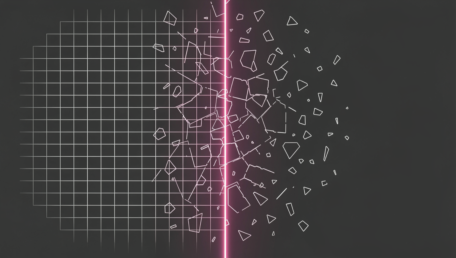 A split schematic: a calm green preview panel on the left and a fractured production panel on the right, joined by a single pink-to-purple gradient seam where they break apart