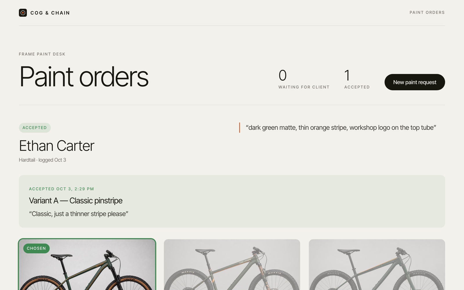 A demo frame paint studio's order desk built on Bnome: Ethan Carter's order, accepted, with the design he chose and his note