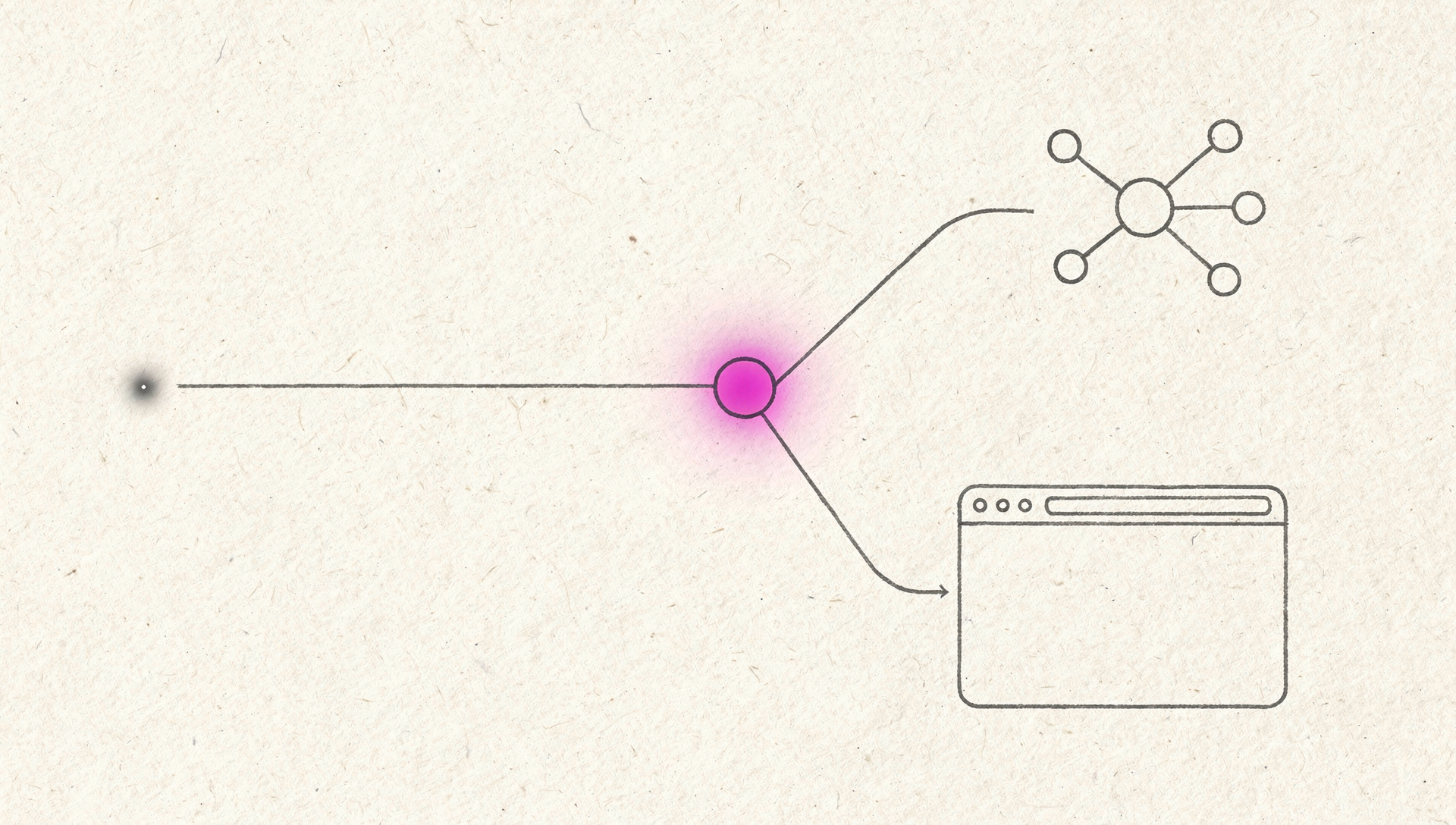 A single prompt splitting into two paths, one entering a browser code editor with a draining token gauge and the other arriving at a live running app, rendered as a schematic with a single pink-to-purple gradient accent