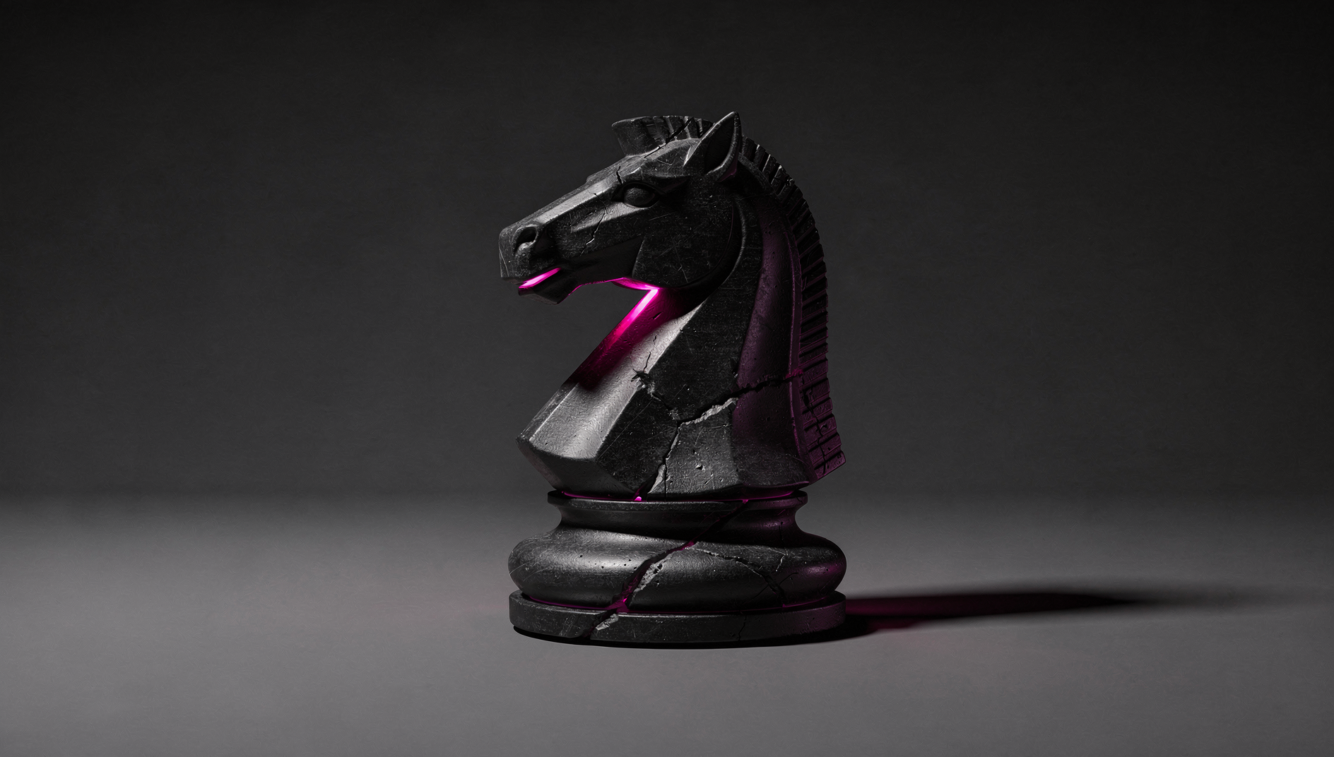 A single black chess knight under a harsh flash, lit from within by a pink-to-purple gradient against a monochrome background