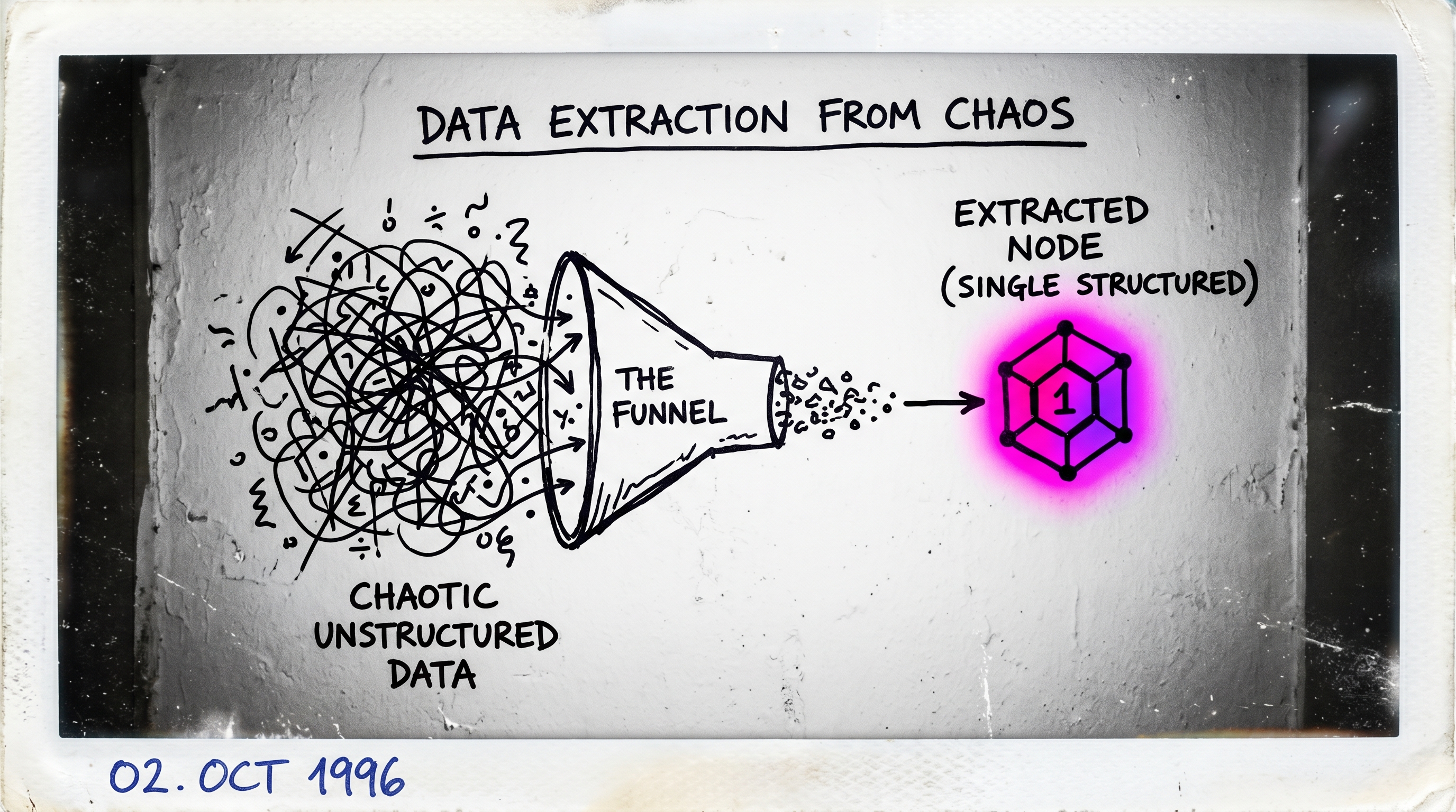 A polaroid-flash diagram of a funnel extracting a single structured node from chaotic unstructured data