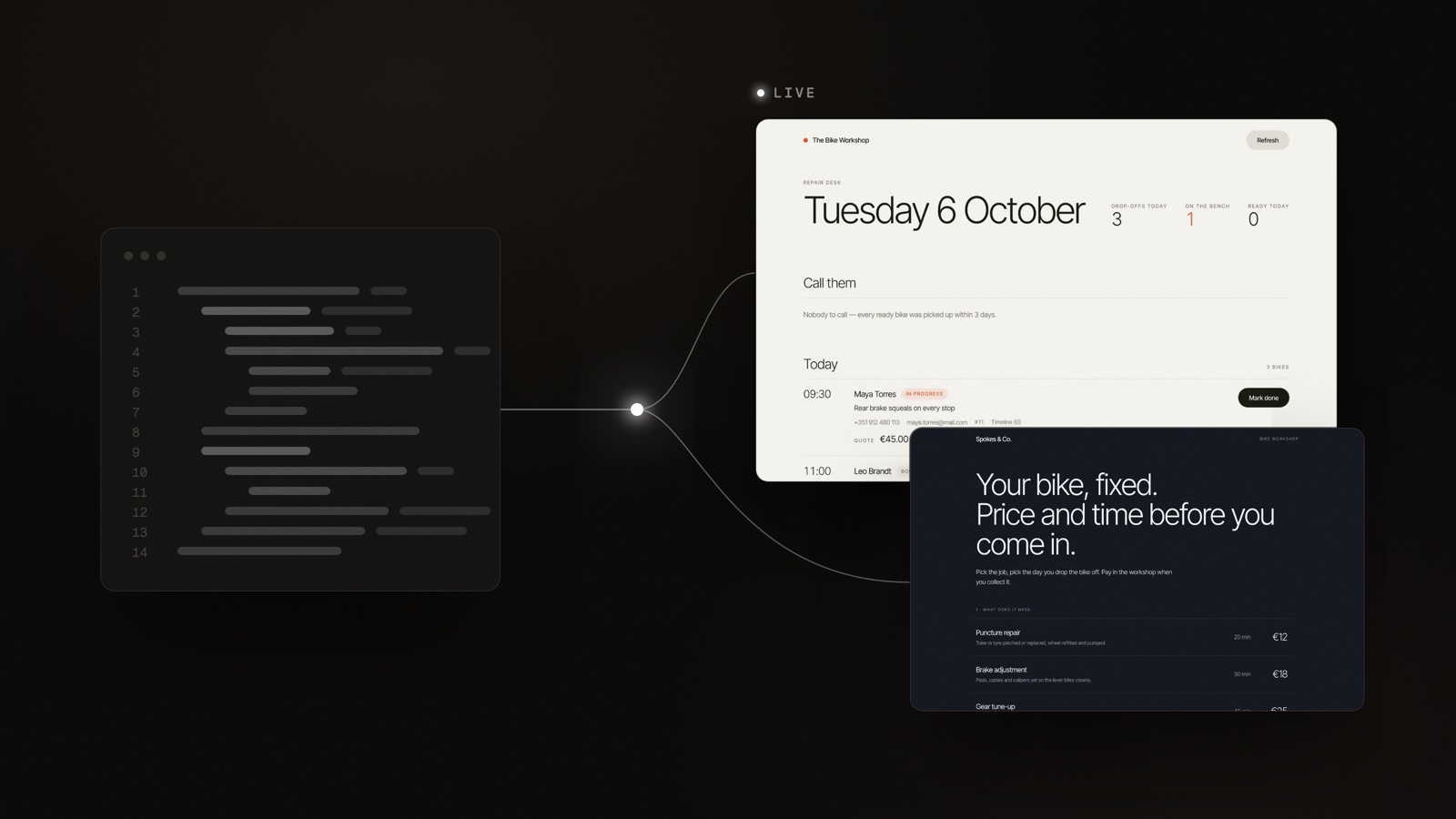 A code editor on the left joined by one line of light to two live business apps on the right: a bike workshop's repair desk and a booking page, both demos made on Bnome